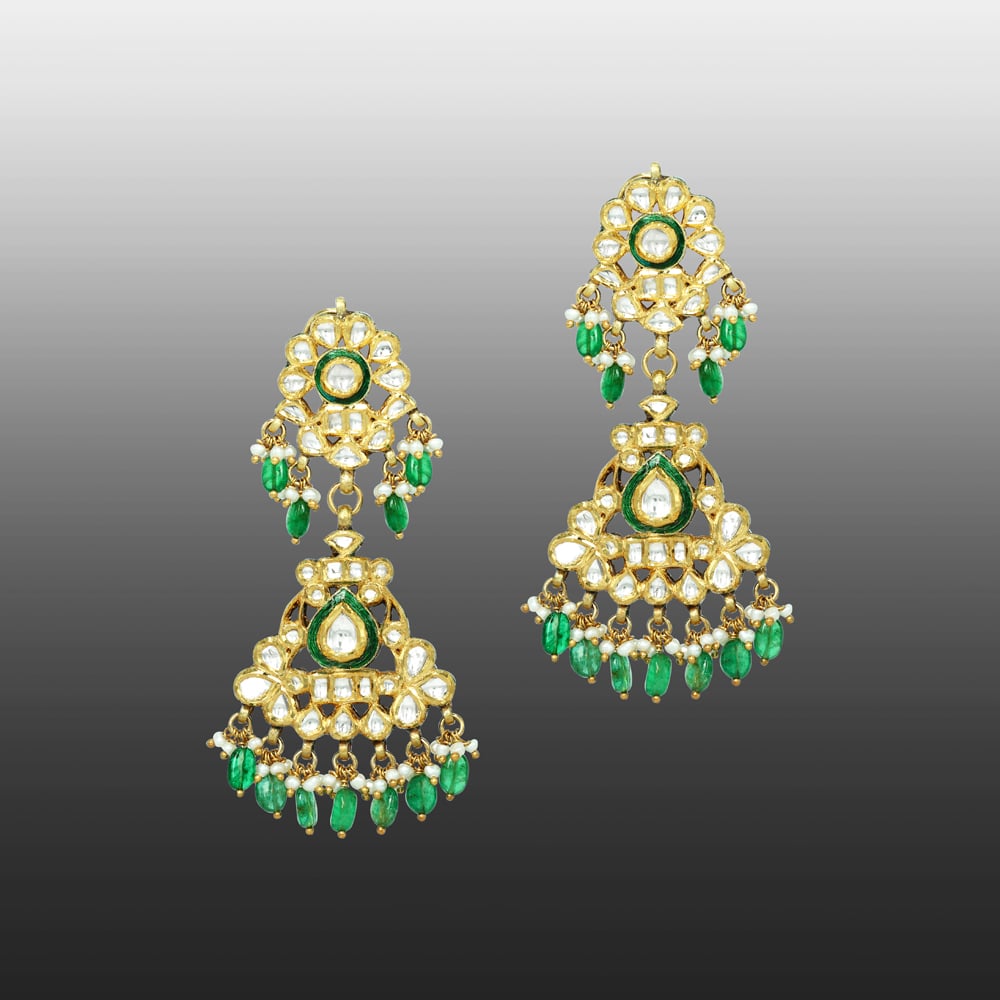 Polki Jadau Earrings with Green Meenakari and Emerald Maniya